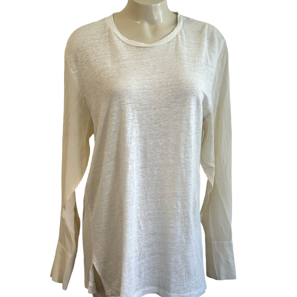 Brochu Walker White Crew Neck thin linen silk top MED
